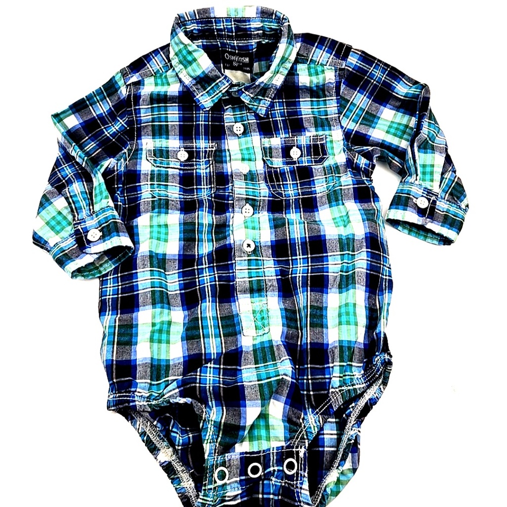 OshKosh B'gosh Button Down Bodysuit Size 18m Boys Long Sleeve Pockets Snap Plaid